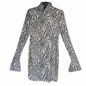 Shein black & white zebra sheer mesh bell sleeve mock neck dress XL 12